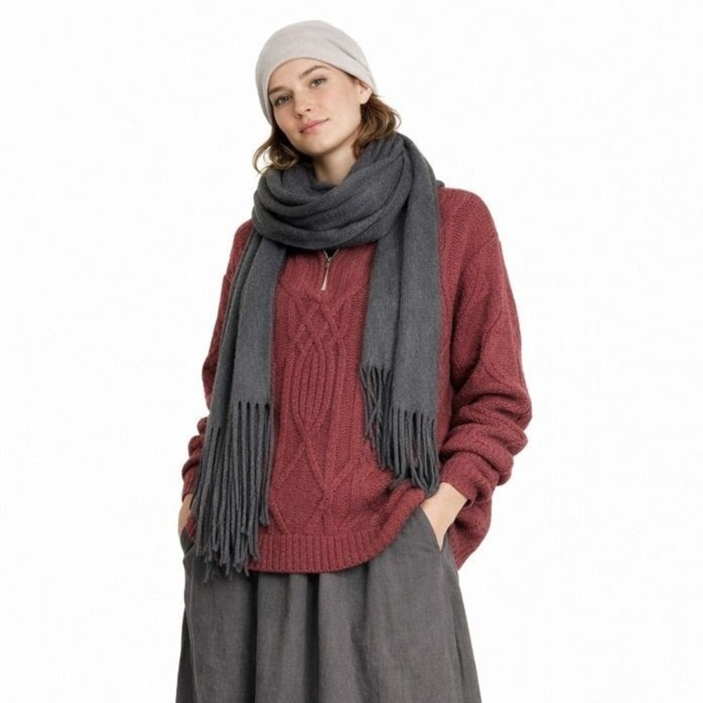 NWT Lucky Brand Charcoal Gray Fringe Scarf Womens Lagenlook, Boho Quiet Luxury